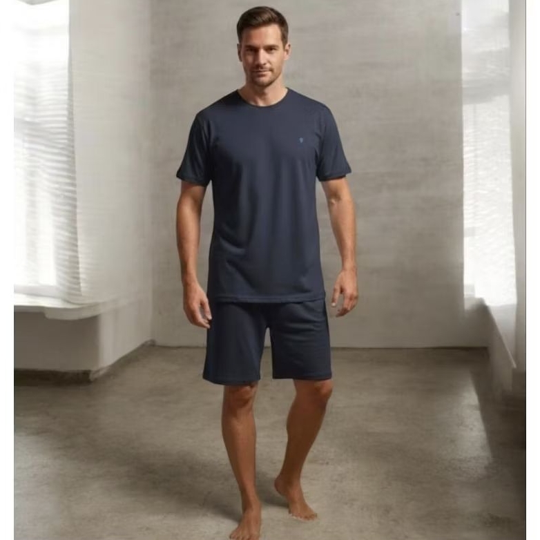 Pijama Curto Masculino em Malha Liso - Azul Marinho
