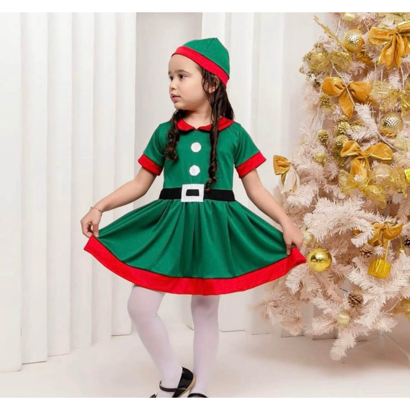 Vestido Ajudante Papai Noel Menina 2/3 anos + Gorro