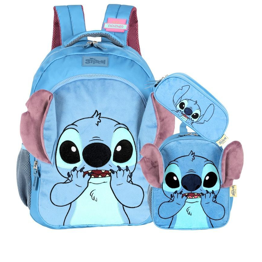 Kit Escolar Juvenil Pelúcia Menina Lilo Stitch & Angel Mochila Costas + Lancheira Térmica + Estojo