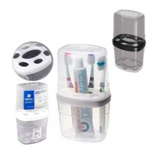 OFERTA Porta Escovas e Pasta de Dente Organizador de Pia Multiuso Com Tampa e Divisórias 20cm Nitron em Oferta na Shopee