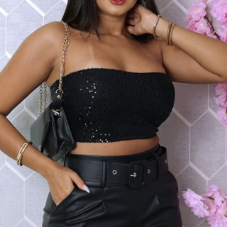 Cropped Com Zíper em Paetê Feminino Brilho Festa Balada Moda Blogueira em Oferta na Shopee