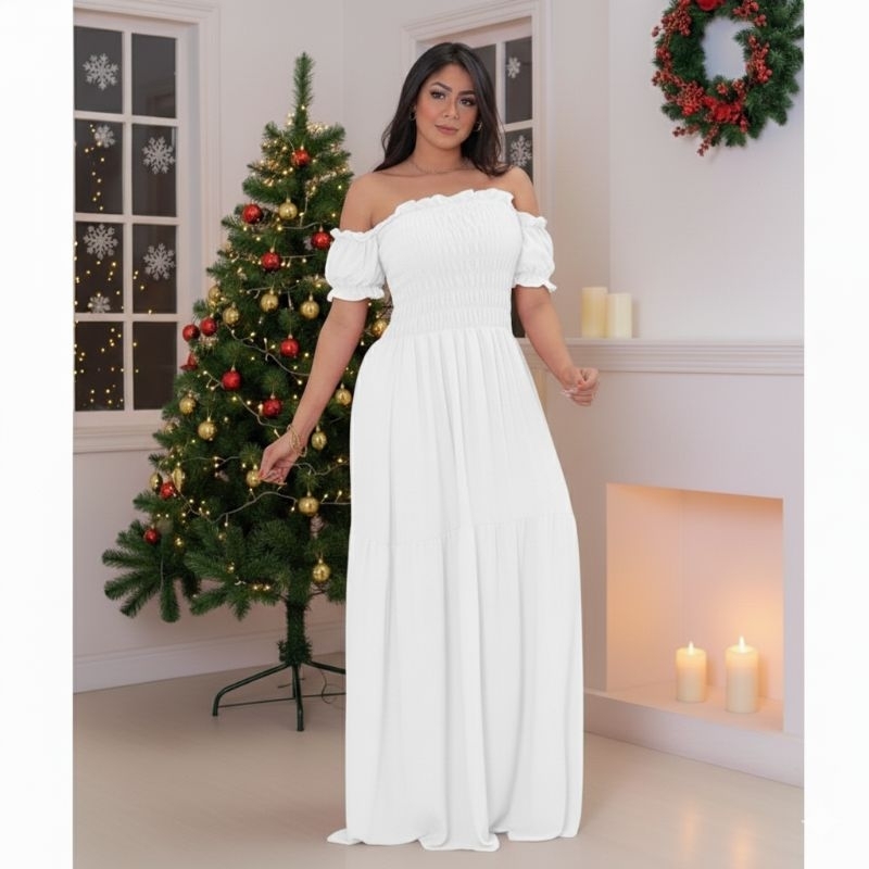 Vestido Branco Longo Ciganinha Feminino com Foro