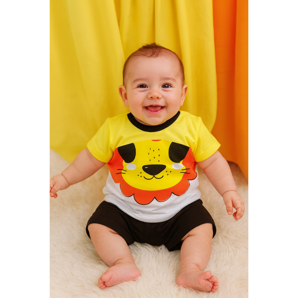 Conjunto Bebê Recém-Nascido Leãozinho Leão ou Ursinho Super Fofo – Camiseta + Shorts Confortável