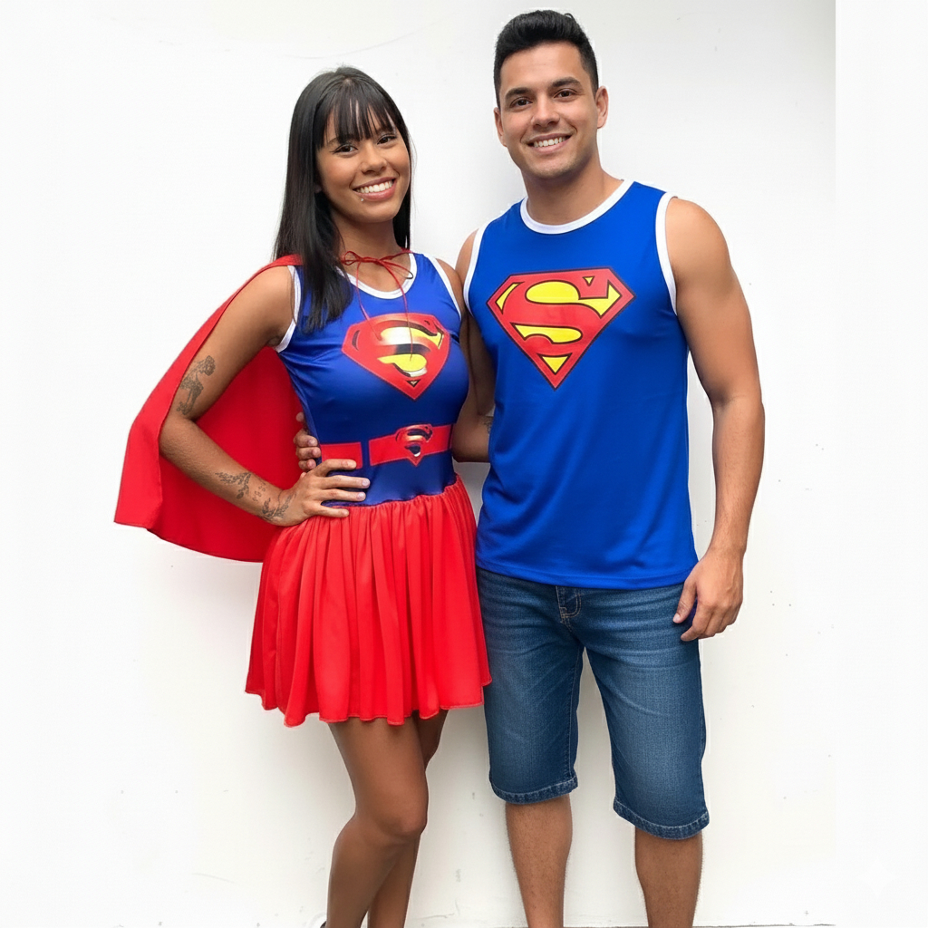 Kit Casal Fantasias Supergirl, Prisioneiros, Salva vidas, Maravilha, Malandros, Palhaços, Frevo, infantil c e Adulto C26