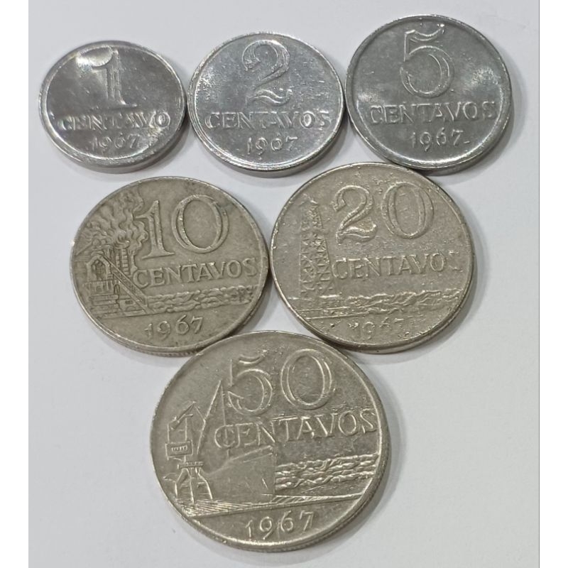 6 moedas de 1967 de 1, 2, 5, 10, 20 e 50 centavos mbc brinde uma moeda de 10 cruzados