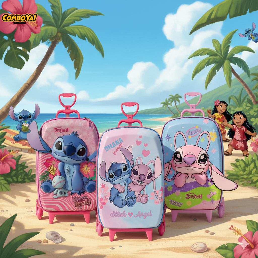 Mala Infantil Rodinhas Personagem Stitch Rosa Disney Azul Barbie Viagem Escolar Rodinhas Resistente