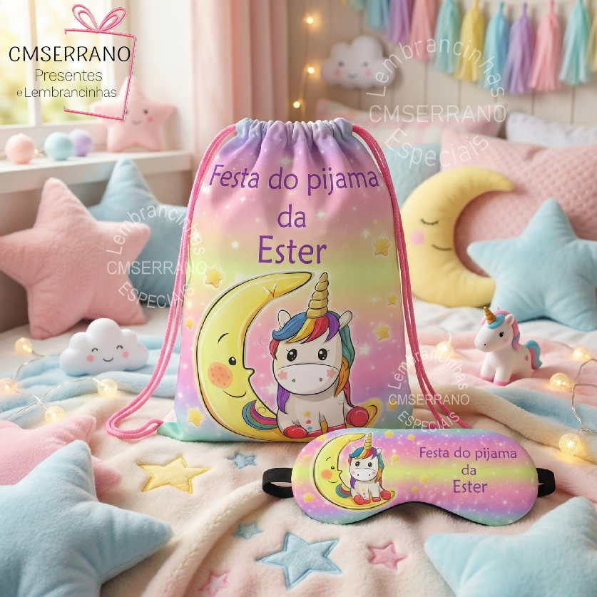 15 Kit Personalizado Mascara Dormir Tapa Olho Mochila Tecido 30 x 21 cm Lembrancinha Festa do Pijama