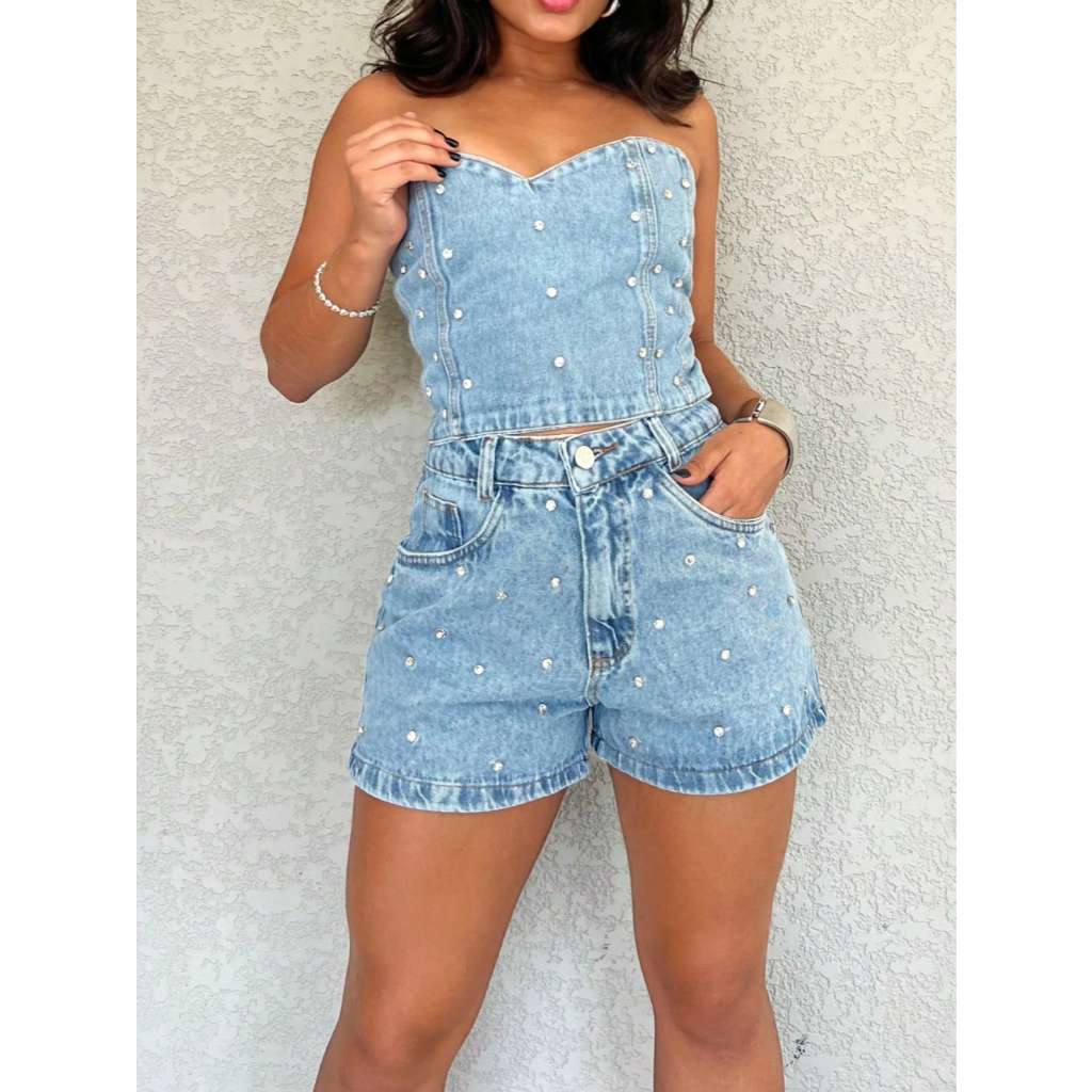 kissmelady 020 conjunto jeans feminina blusa com short com brilho  p38 m40 g42 em Oferta na Shopee