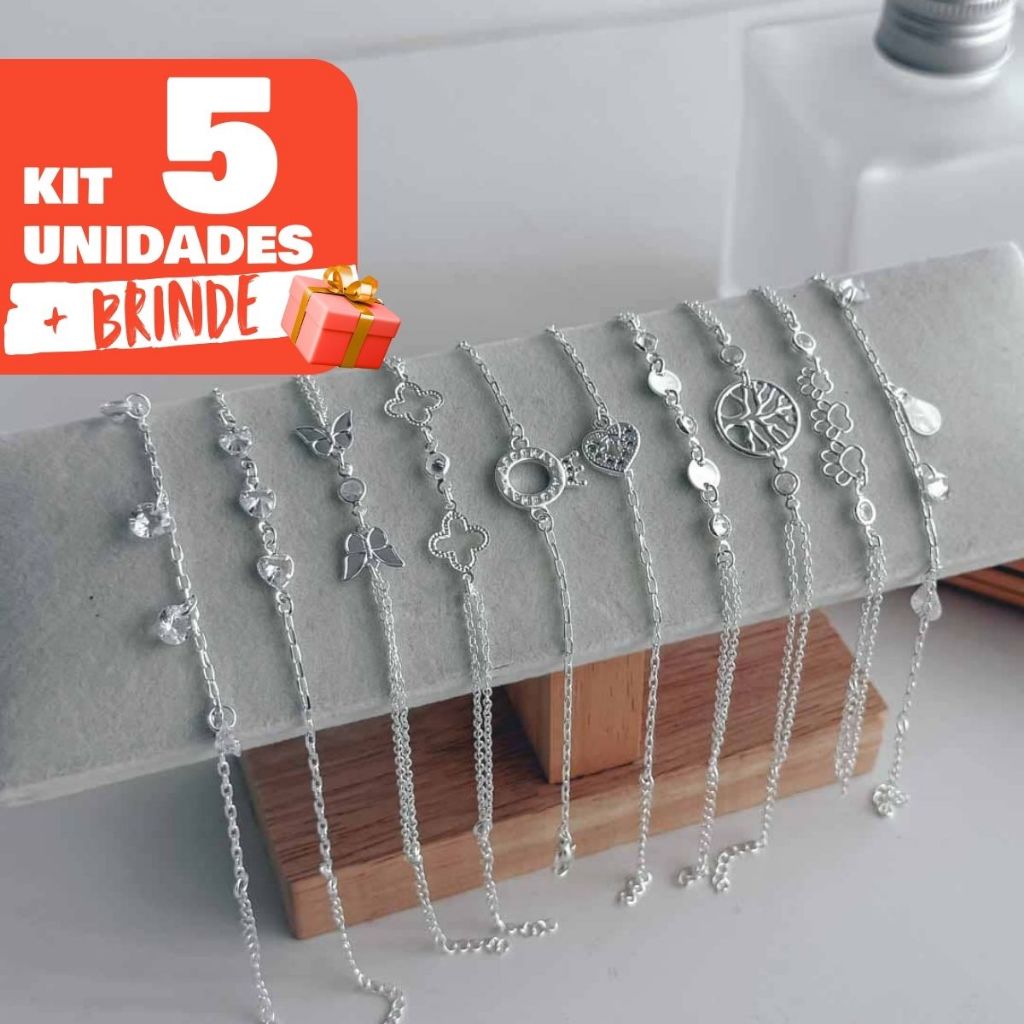 Kit 5 Pulseiras Semi Joia Banho Prata Super Premium 50 Milésimos Antialérgica Feminina