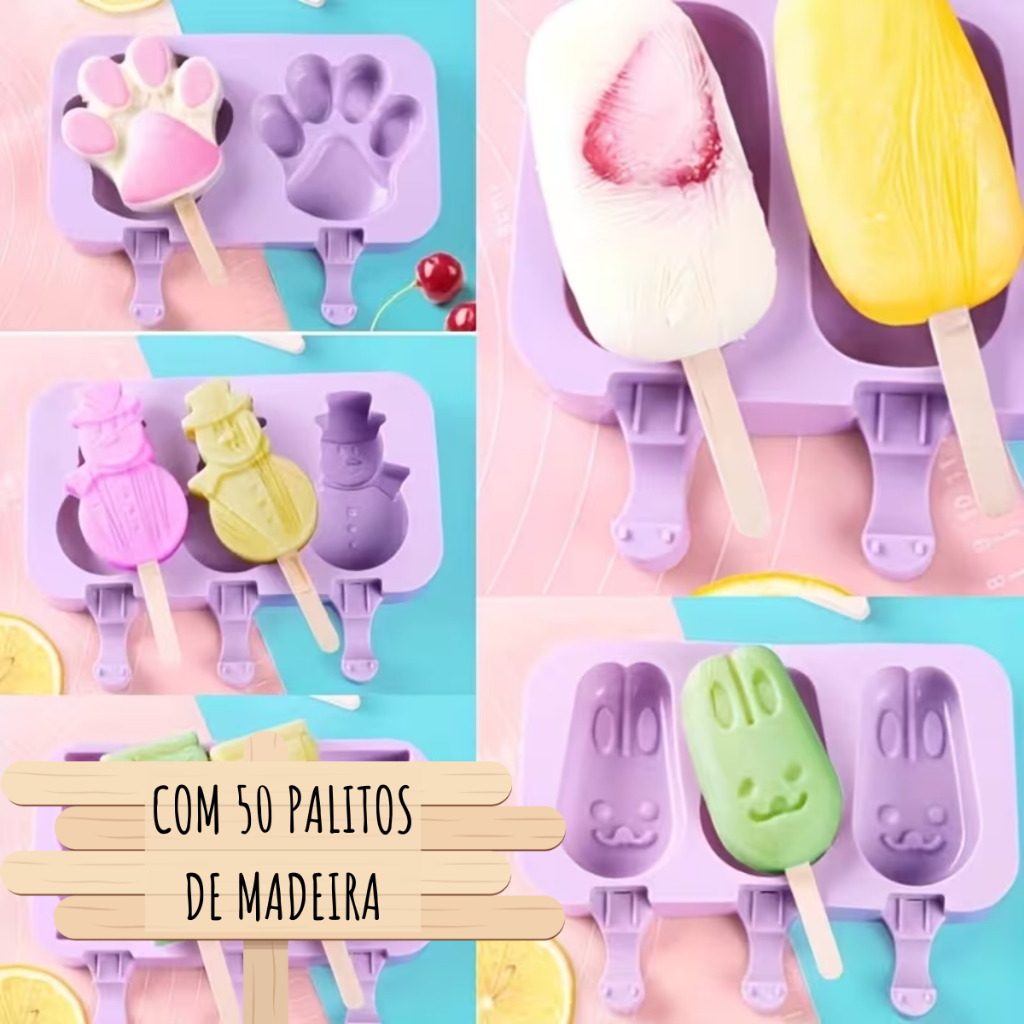 Molde de Silicone Picolé Sorvete Palito Madeira Forma Silicone Desenho Animais Boneco de N...