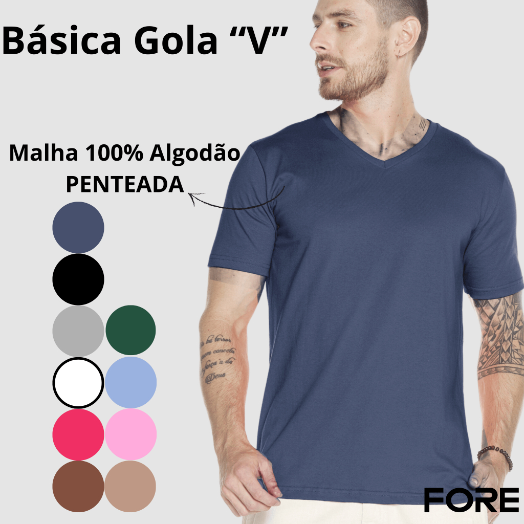 Camiseta Básica Gola V Algodão Moda  505254-C1 em Oferta na Shopee