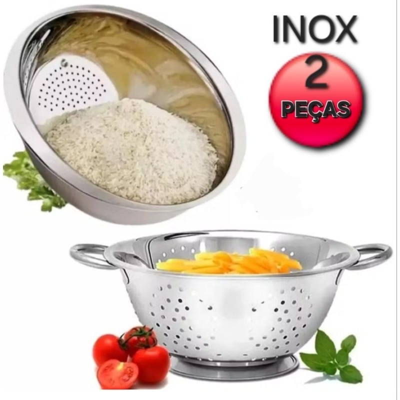 ESCORREDOR DE MACARRÃO MASSAS + ESCORREDOR DE ARROZ INOX MULTIUSO KIT 2