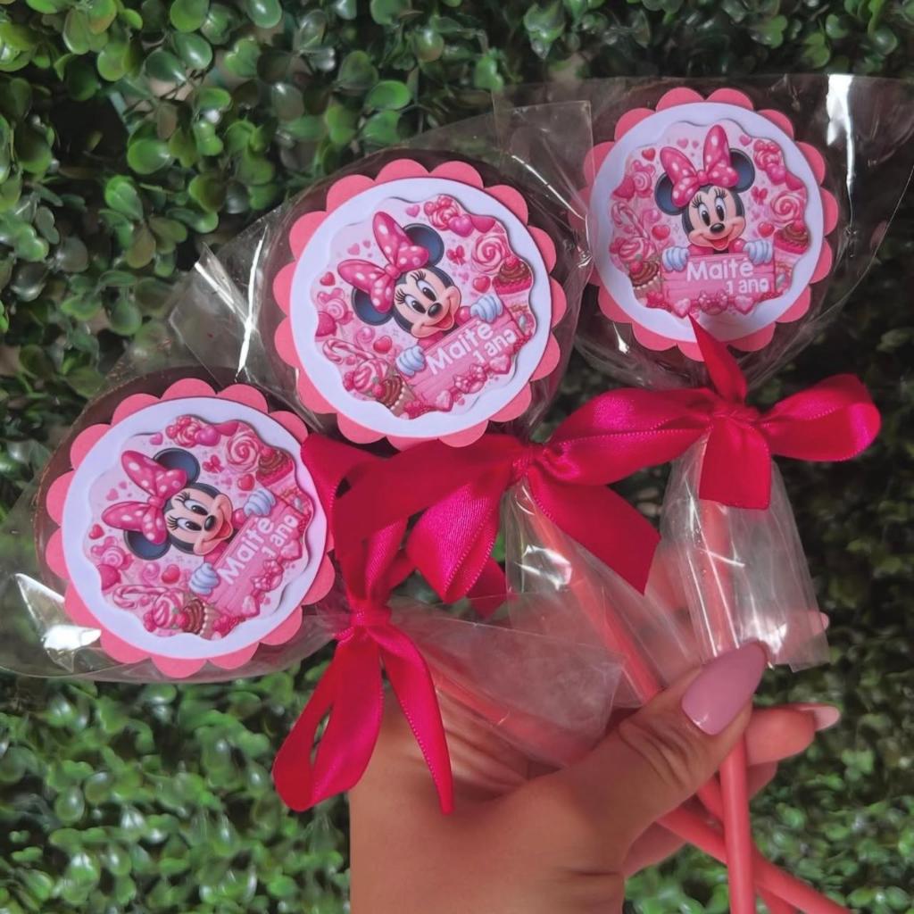 Aplique 3D Minnie Confeiteira Escalope Tag Personalizada Lembrancinha Festa Infantil Minnie Rosa
