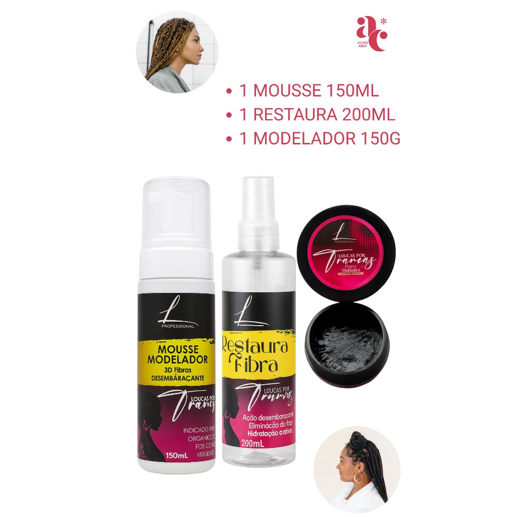 KIT MOUSSE MODELADOR 150ML + RESTAURA FIBRAS 200ML + PASTA MODELADORA 150G LOUCAS POR TRANÇAS em Oferta na Shopee