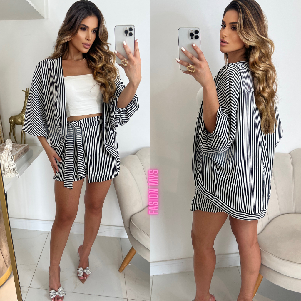 Conjunto Feminino Kimono Shorts Saía Cintura Alta Casual Elegante