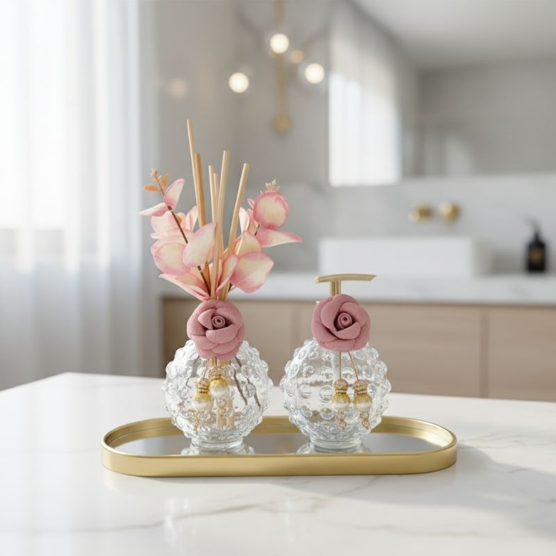 Kit Lavabo Crystal Bubble Deluxe - Difusor Floral + Saboneteira + Bandeja Dourada Premium