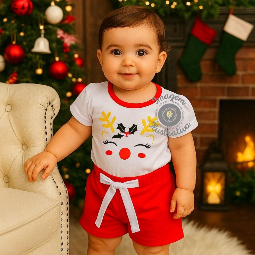 Conjunto Camiseta Shorts Bebê Menina Book Temático Mesversário Natal Rena Algodão 3 a 6 meses