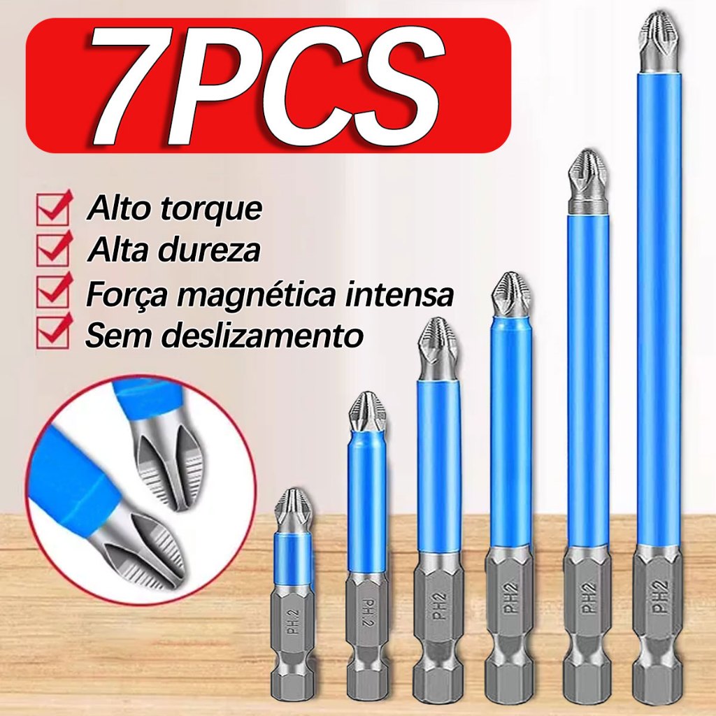 kit 7 Bits de Chave Phillips Magnético Impacto PH2 Anti-Derrapante para parafusadeira em Oferta na Shopee