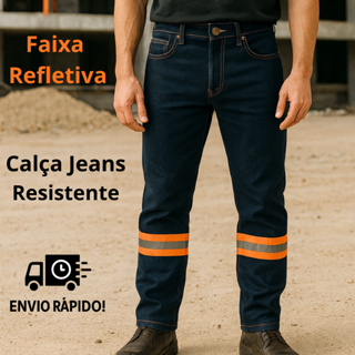 Calça Jeans Uniforme Resistente Faixa Refletiva Laranja para Trabalho - Segurança EPI em Oferta na Shopee