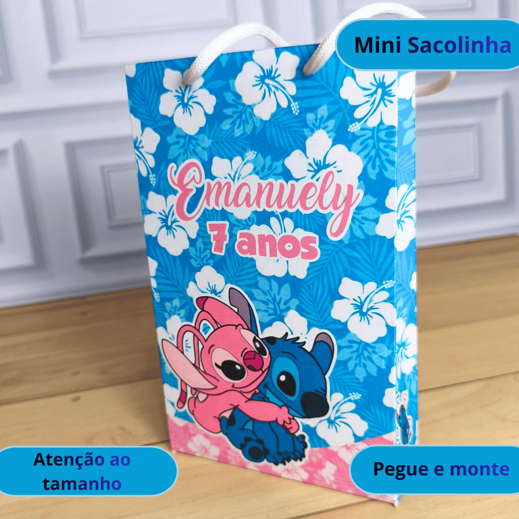 Mini Sacola Surpresa STITCH E ANGEL  Lembrancinha Personalizada - Festa Infantil - Pegue e Monte