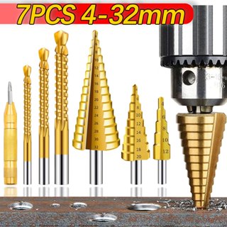 Kit jogo 7 brocas escalonada Titânio Aço 32mm Broca Corte Marcador Punção Com Estojo Organizador P/Metal Aluminio Cobre em Oferta na Shopee