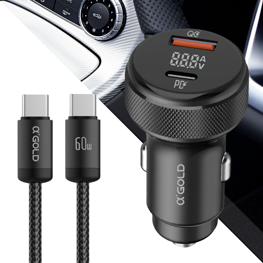 Carregador Veicular Turbo 60W PD 3.0 QC 4.0 Alumínio Premium + Cabo Tip-C Reforçado – Carregamento Ultra Rápido