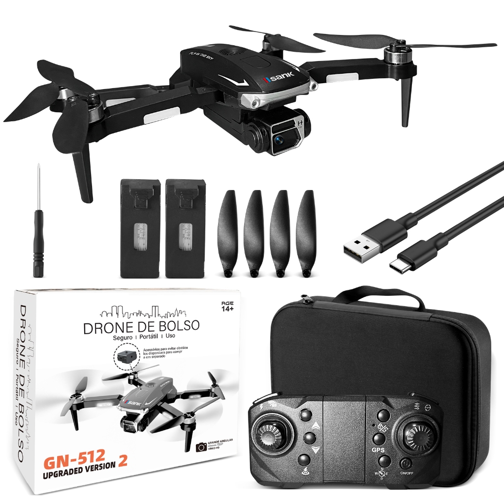 Drone de Bolso com Câmera HD, GPS, Dobrável, Evita Obstáculos, Controle 2.4Ghz, Modo Seguir - GN-512