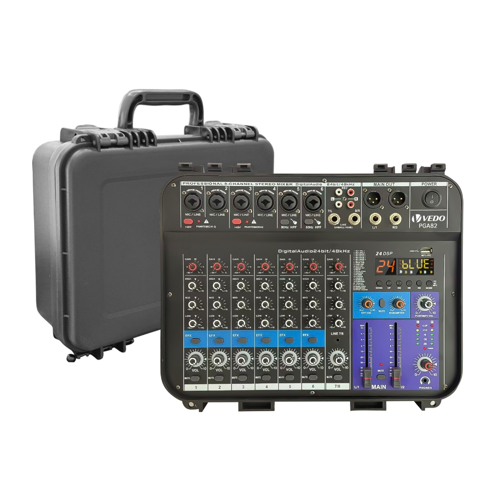 VEDO Mesa De Som Amplificada Profissional 8 Canais com Efeitos/Bluetooth/EQ Phantom Power +48V 2x150W Bivolt