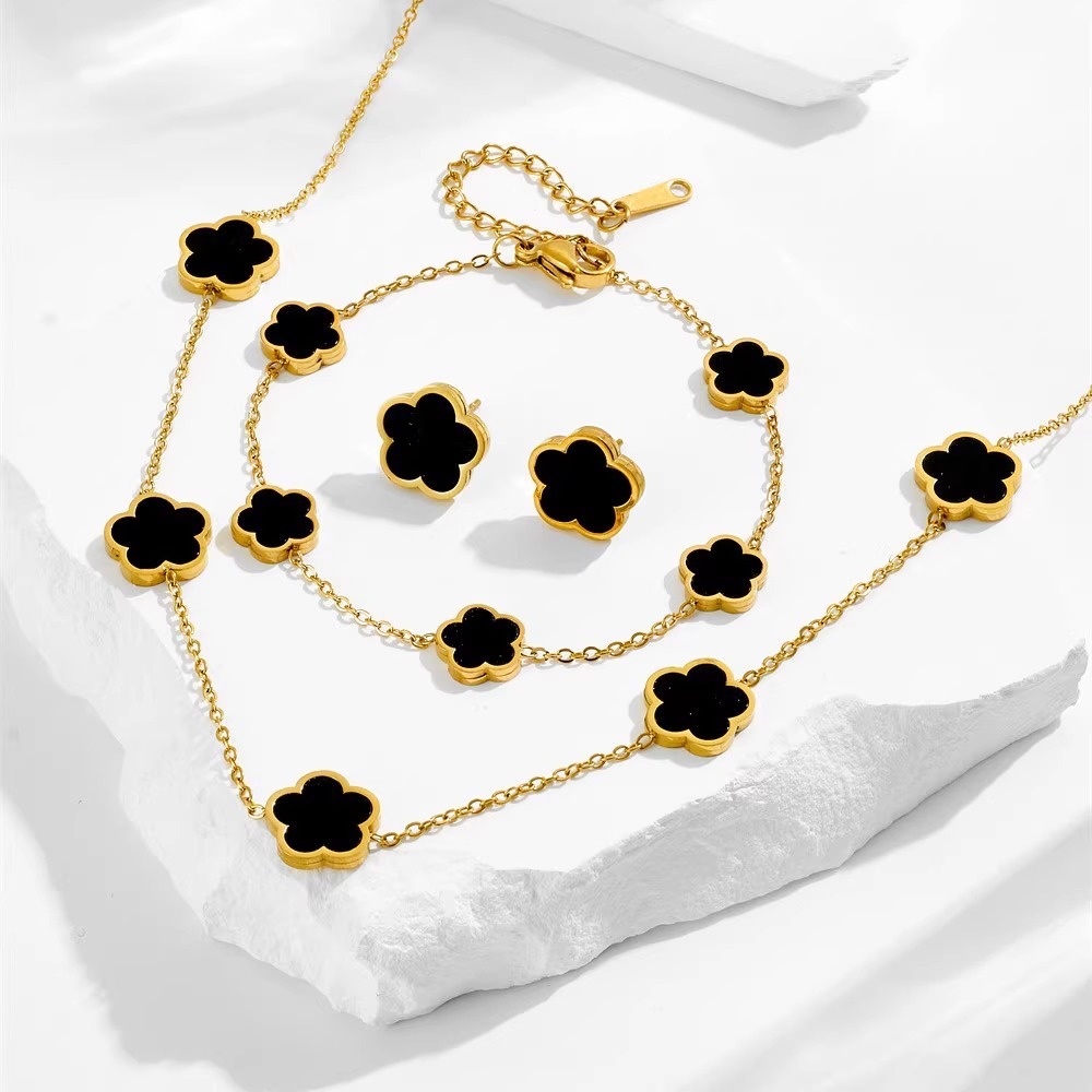 Lucky Cinco Folhas Trevo Pulseira Colar Brinco Conjunto Moda Jóias Não Desbotamento