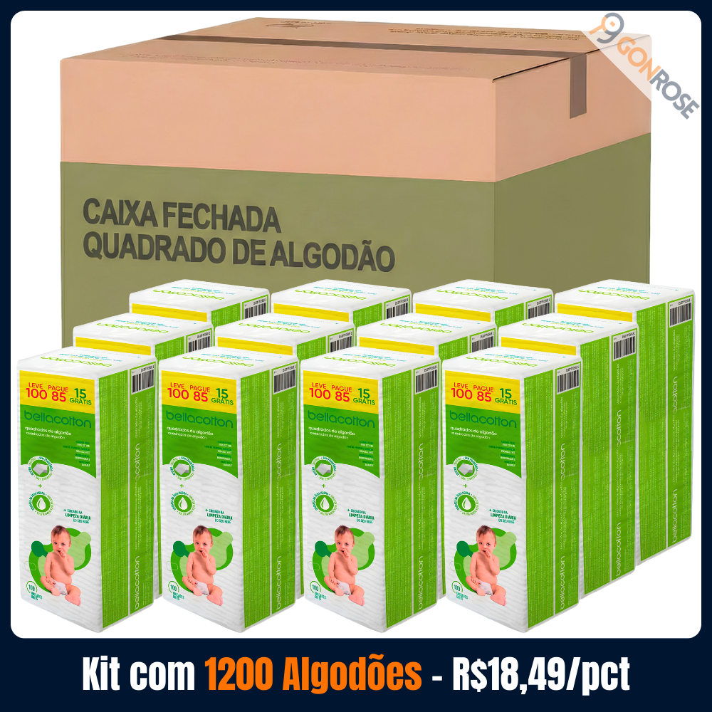Kit com 12 Pacotes Algodões Quadrados para Bebê Sem Fragrância Bellacotton com 100 unidades cada