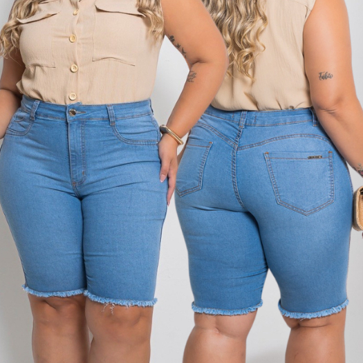 Detalhes do Bermuda Ciclista Jeans Plus Size Cintura Alta