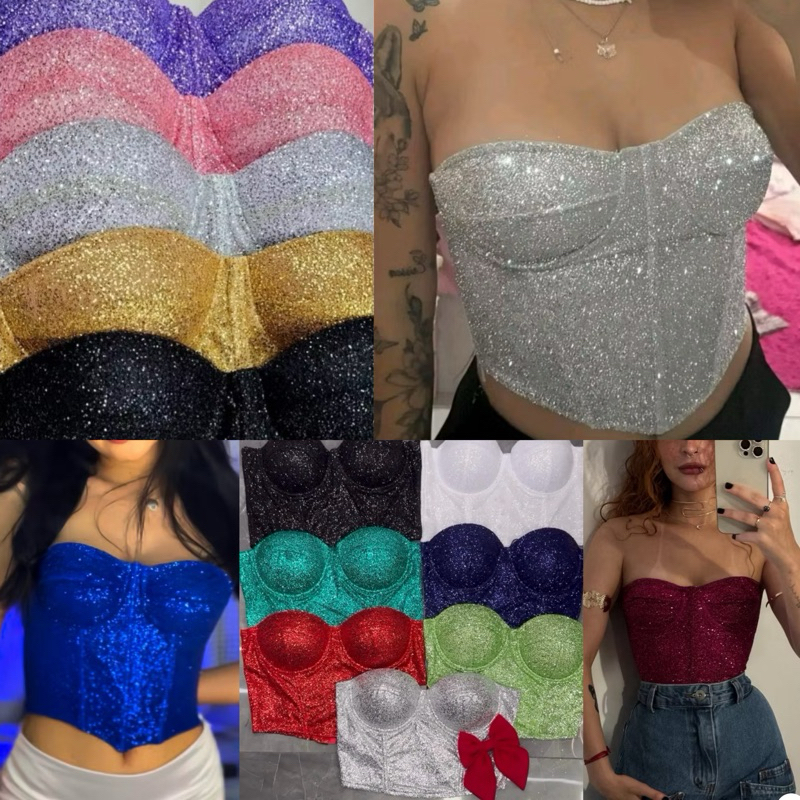 Cropped Corset Corselet Brilho Luxo Moda Blogueira Feminina corsele ano novo  dourado natal moda blogueira balada gringa