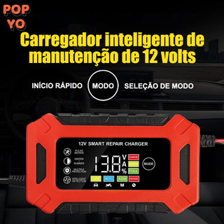 Carregador de Bateria 12V 6A com Tela LCD – Carregamento Rápido, Proteção Completa e Reparo Automotivo POPYO