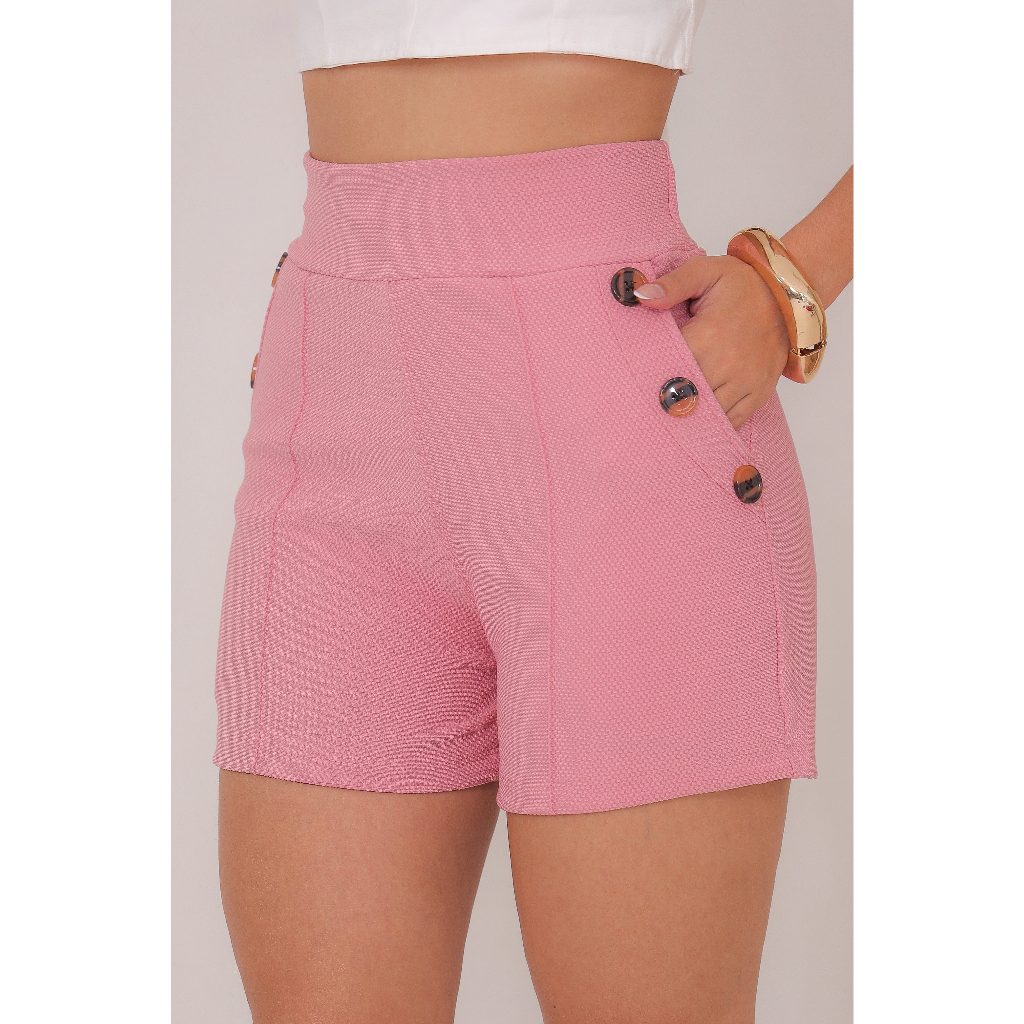 Shorts Jackard - Com Bolso - Cintura Alta - Detalhe 6 Botões em Oferta na Shopee