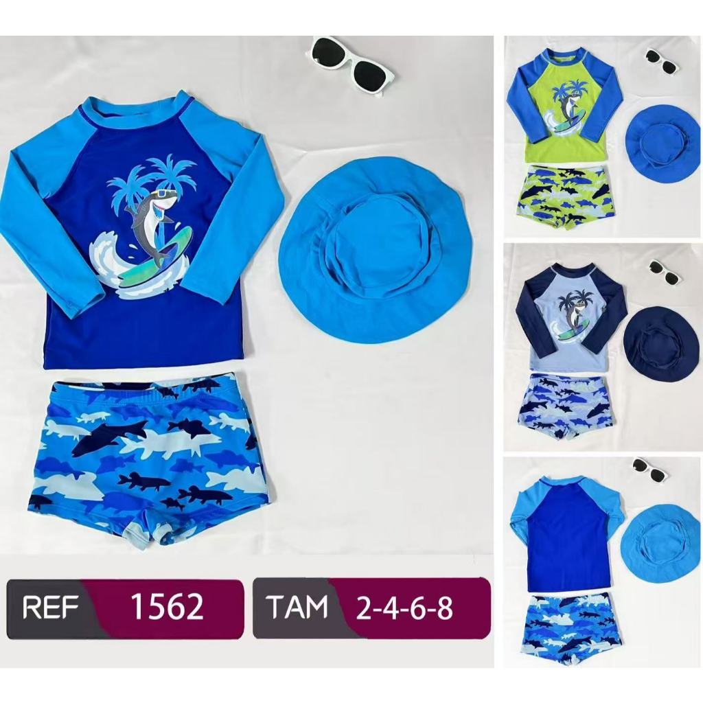 Conjunto Praia Menino Camiseta Uv 50+ Com Sunga E Chapéu Verão