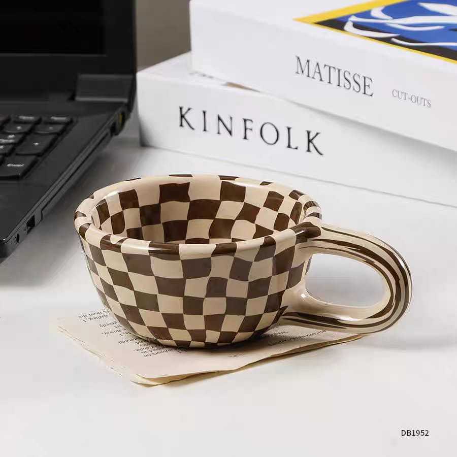 Xicara de Café Moderna Estampa Xadrez Caneca de Chá Para Café da Manhã Escritório Mesa Posta