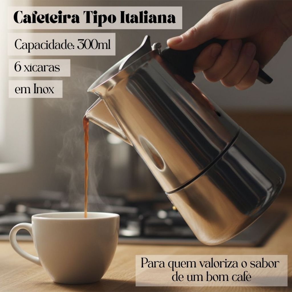Cafeteira Italiana Inox 6 Xícaras Moka Máquina Café Expresso Fogão Café Forte Tipo Italiano Indução