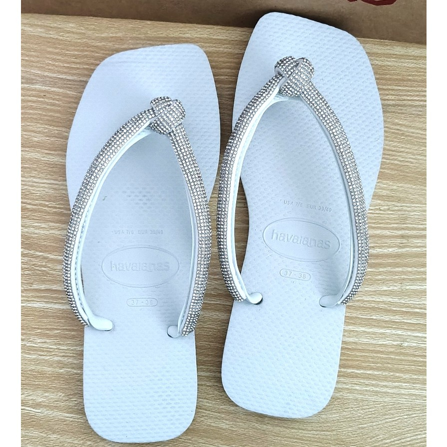 Havaianas  Branca Square Slim Quadrada Personalizada com Meia Cana Cristal Noiva