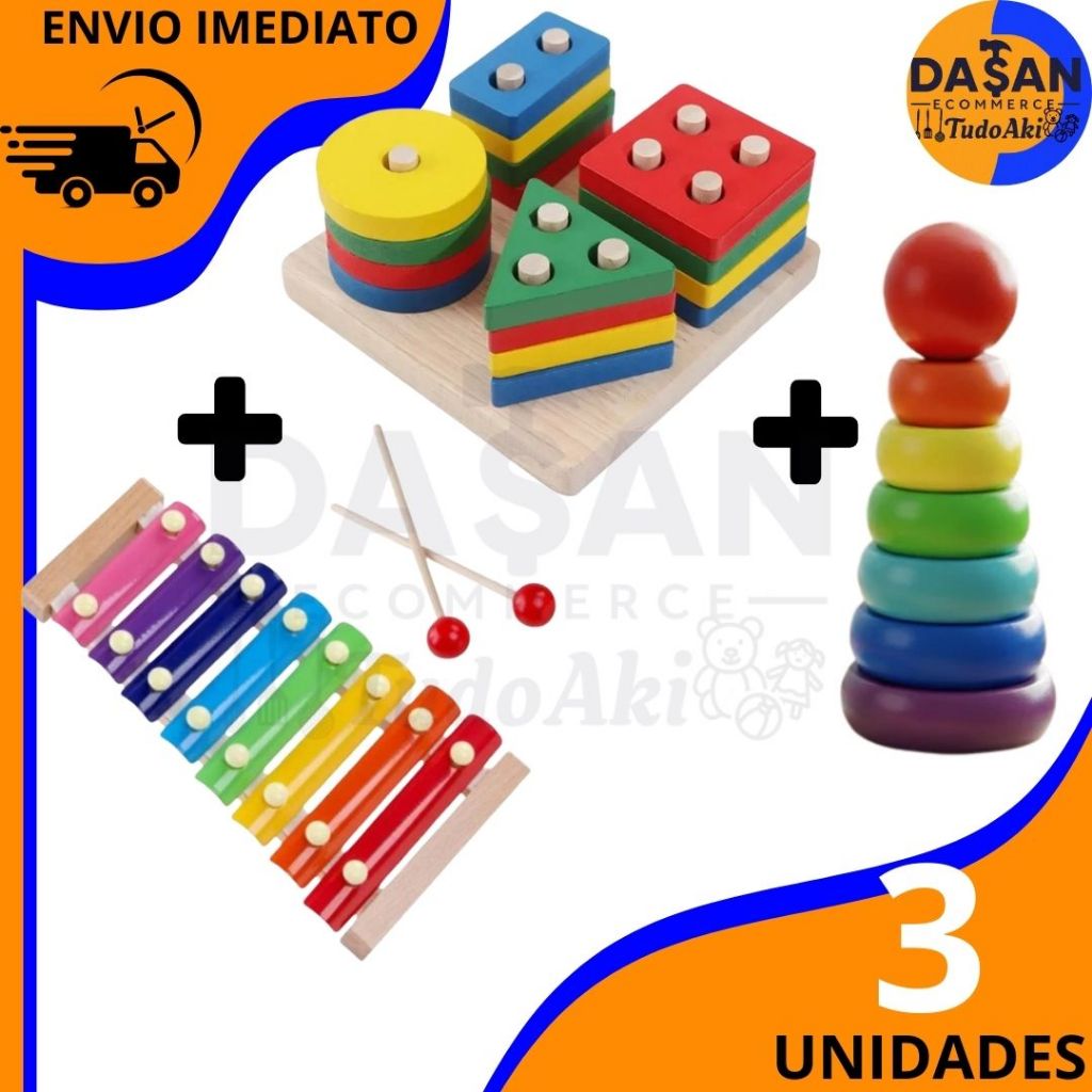 KIT 3 Brinquedo Montessori de Madeira – Torre de Encaixe e Xilofone Sensorial Didático