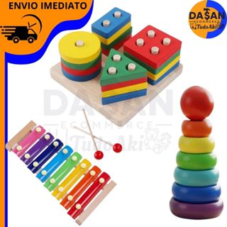 Brinquedo Montessori de Madeira – Torre de Encaixe, Xilofone Sensorial Didático e Encaixe Quadrado em Oferta na Shopee