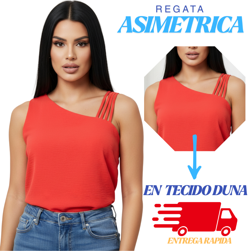 Blusa Regata Feminina Assimétrica Elegante – Tecido Duna – 4 Alças Finas – Verão
