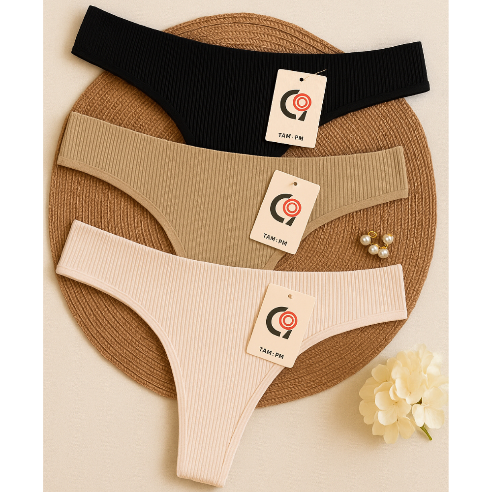 Kit 2/4/6 Calcinhas Fio Dental Canelada Importada (Cores Neutras) Tanga Cintura Alta Pala Dupla