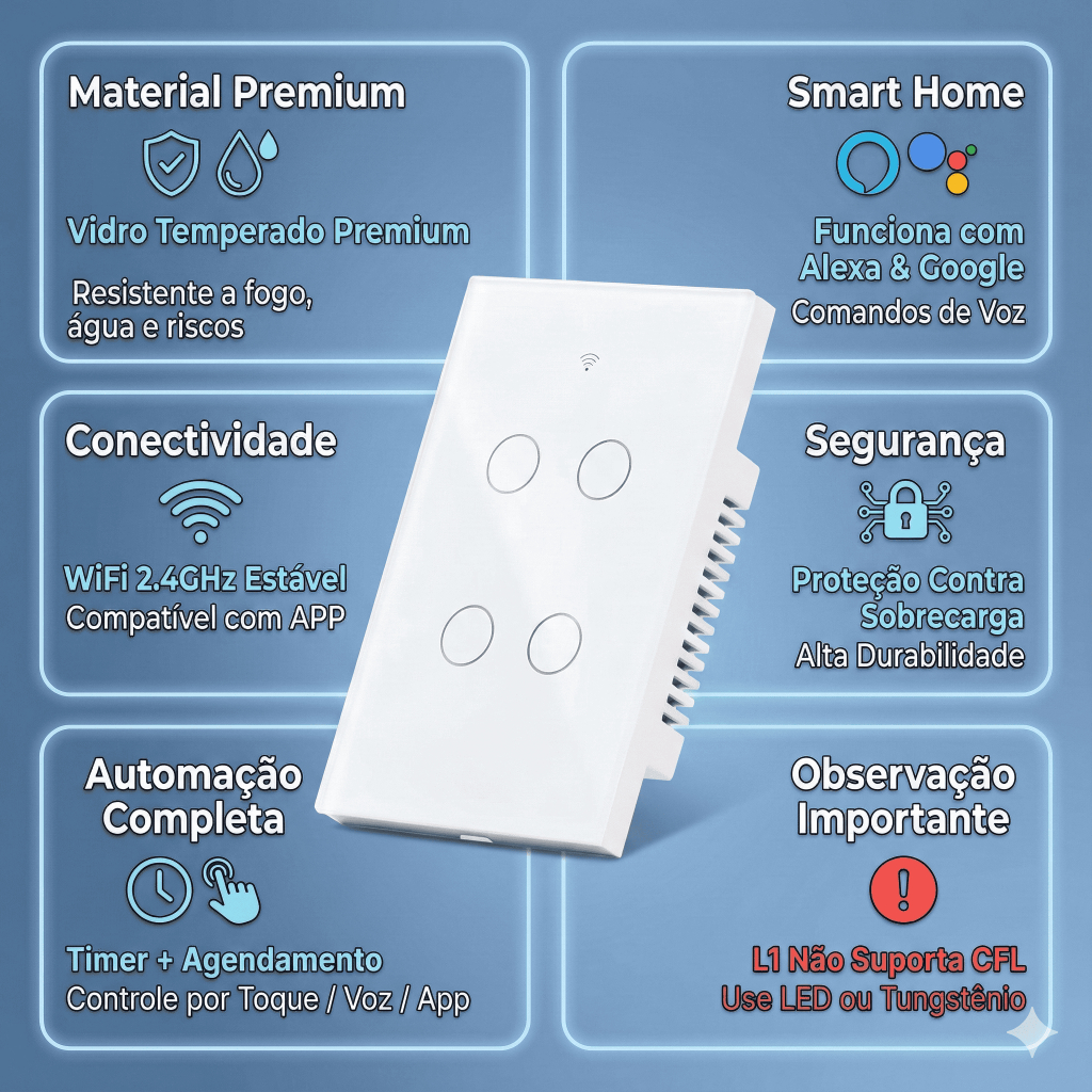 Interruptor Inteligente WiFi Touch Vidro Temperado Alexa Google Timer 1000W 2.4GHz Controle Remoto