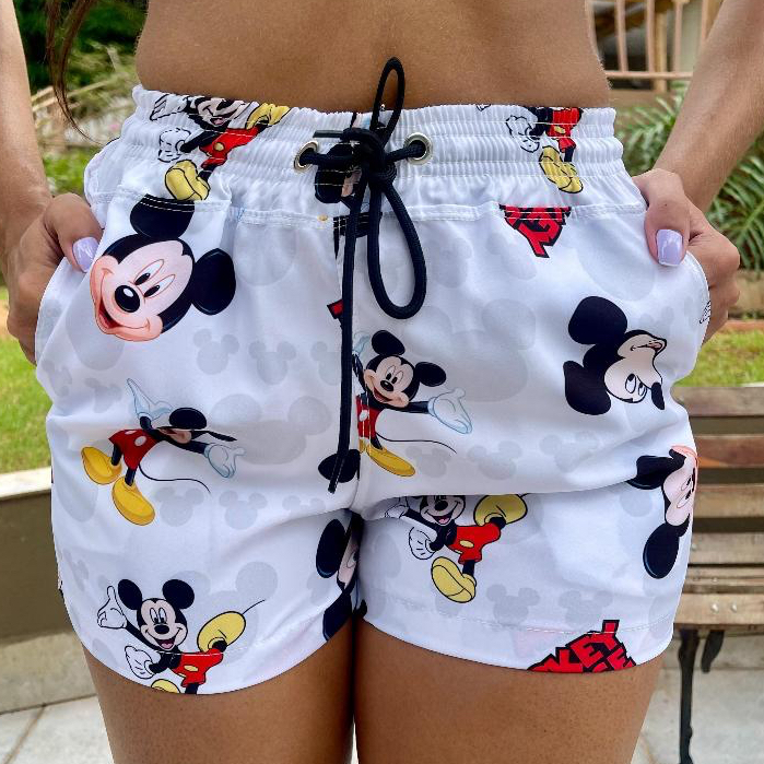 Short Feminino Mickey Mouse Tactel Com Elastano Saída De Praia Piscina Academia Estampadas