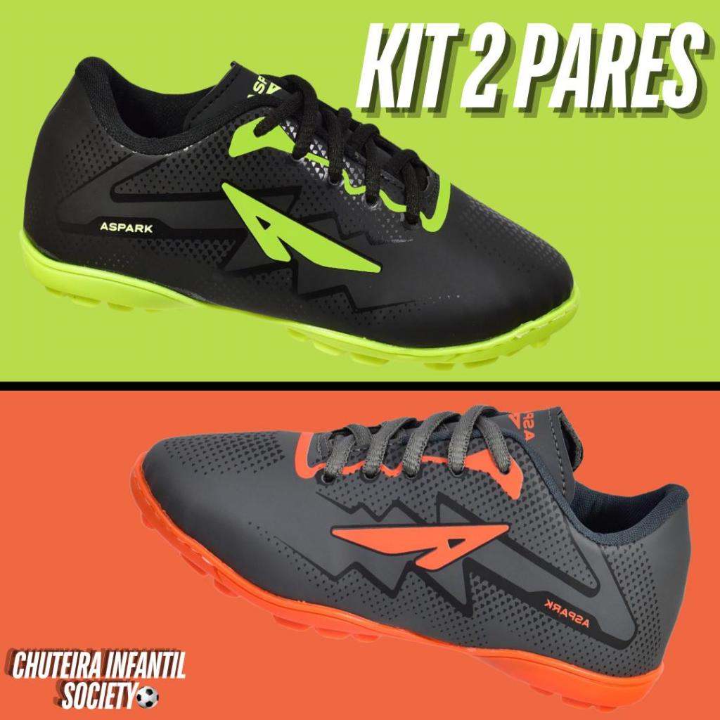 Kit 2 Pares Chuteira Society Infantil Masculino Futebol Grama Sintética Leve Confortável Reforçada