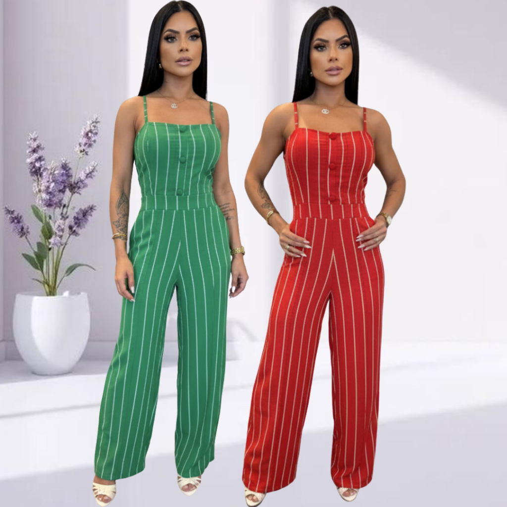 Primavera Verão Macacão Longo Feminino com Decote Quadrado, Alças Ajustáveis e Botões Frontais – Look Moderno e conforto em Oferta na Shopee