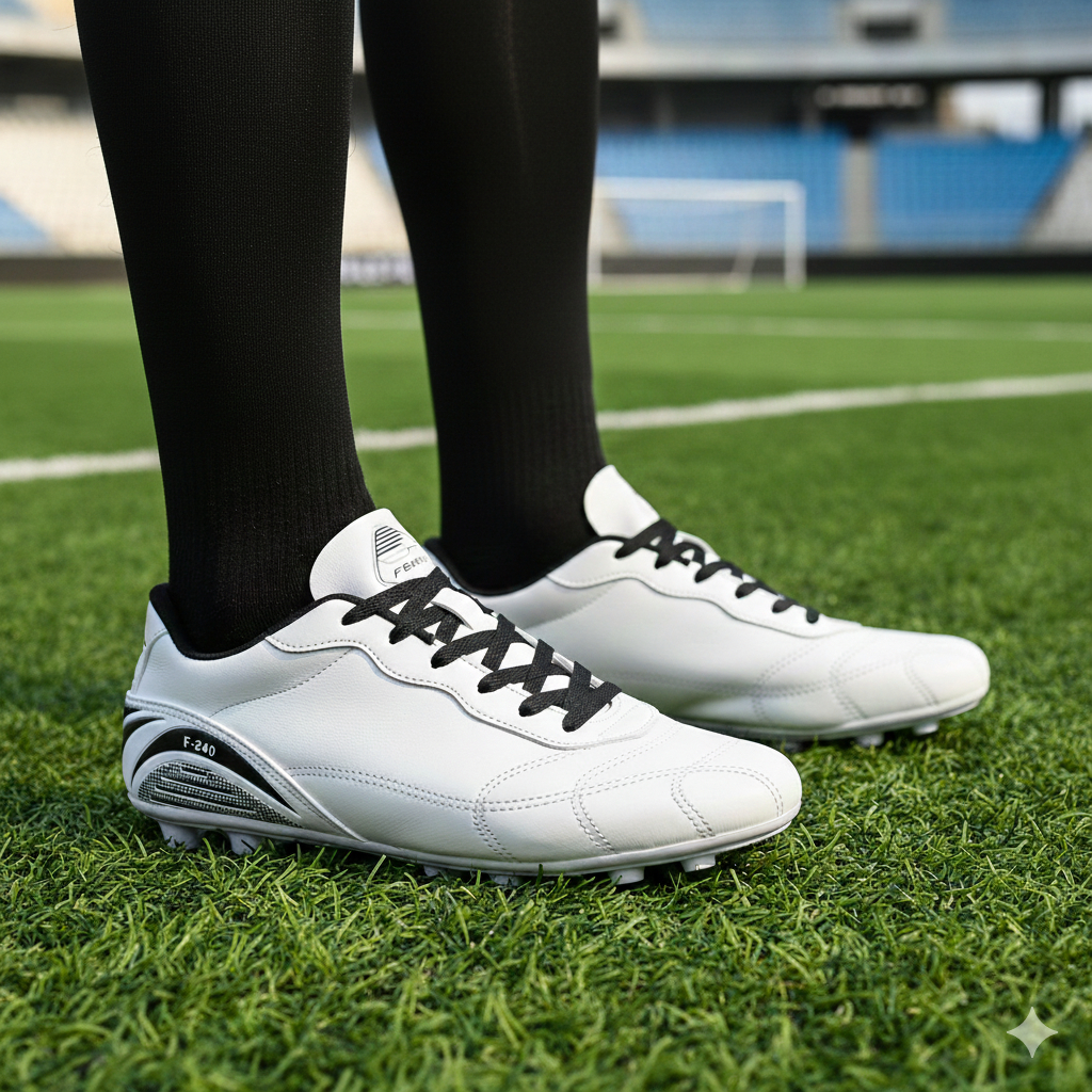 Chuteira Campo de Couro Legítimo Branco/Preto Solado Costurado Lançamento Masculino F240