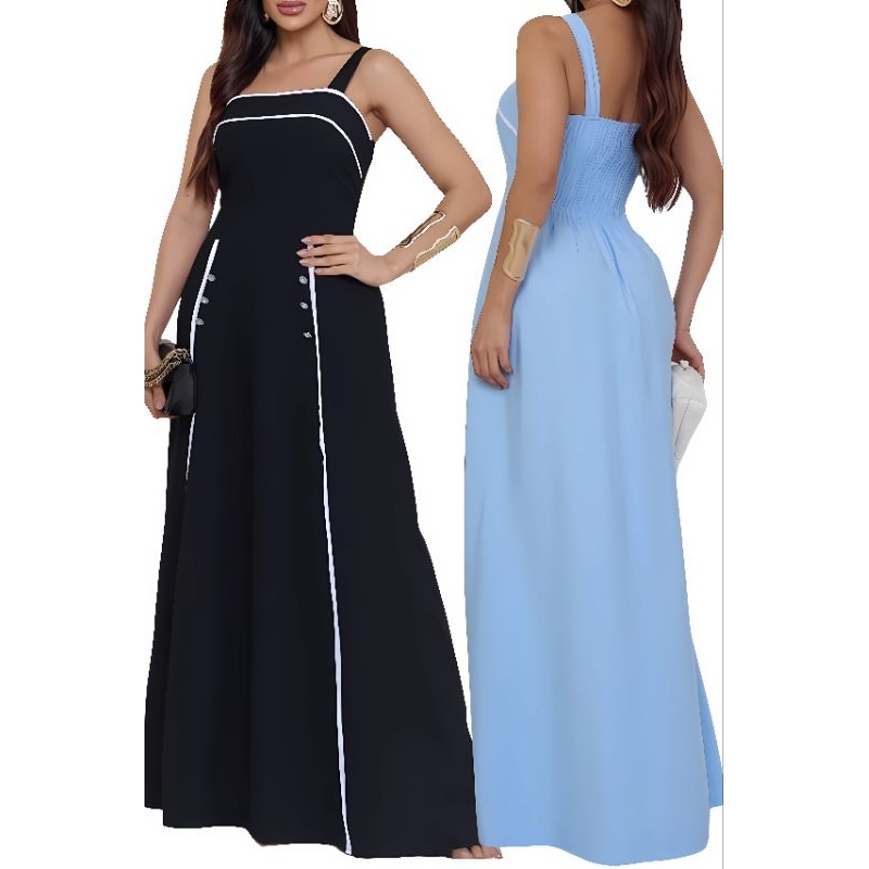 Vestido Feminino Longo Social Decote Quadrado Alça Elegante Festa Casual Sofisticado Confortavel em Oferta na Shopee