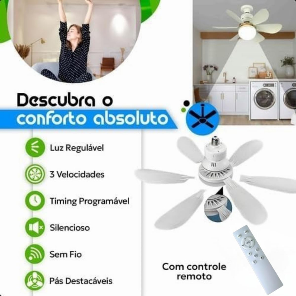Detalhes do Ventilador de Teto com Lâmpada LED E27 - Silencioso, com Controle Remoto,Ventilador de 6 pás 52CM B-MAX BM-F3102