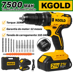 Furadeira Parafusadeira De Impacto Sem Fio KGOLD 21V Profissional, 2 Baterias, LED, Para Metal Madeira Cimento
